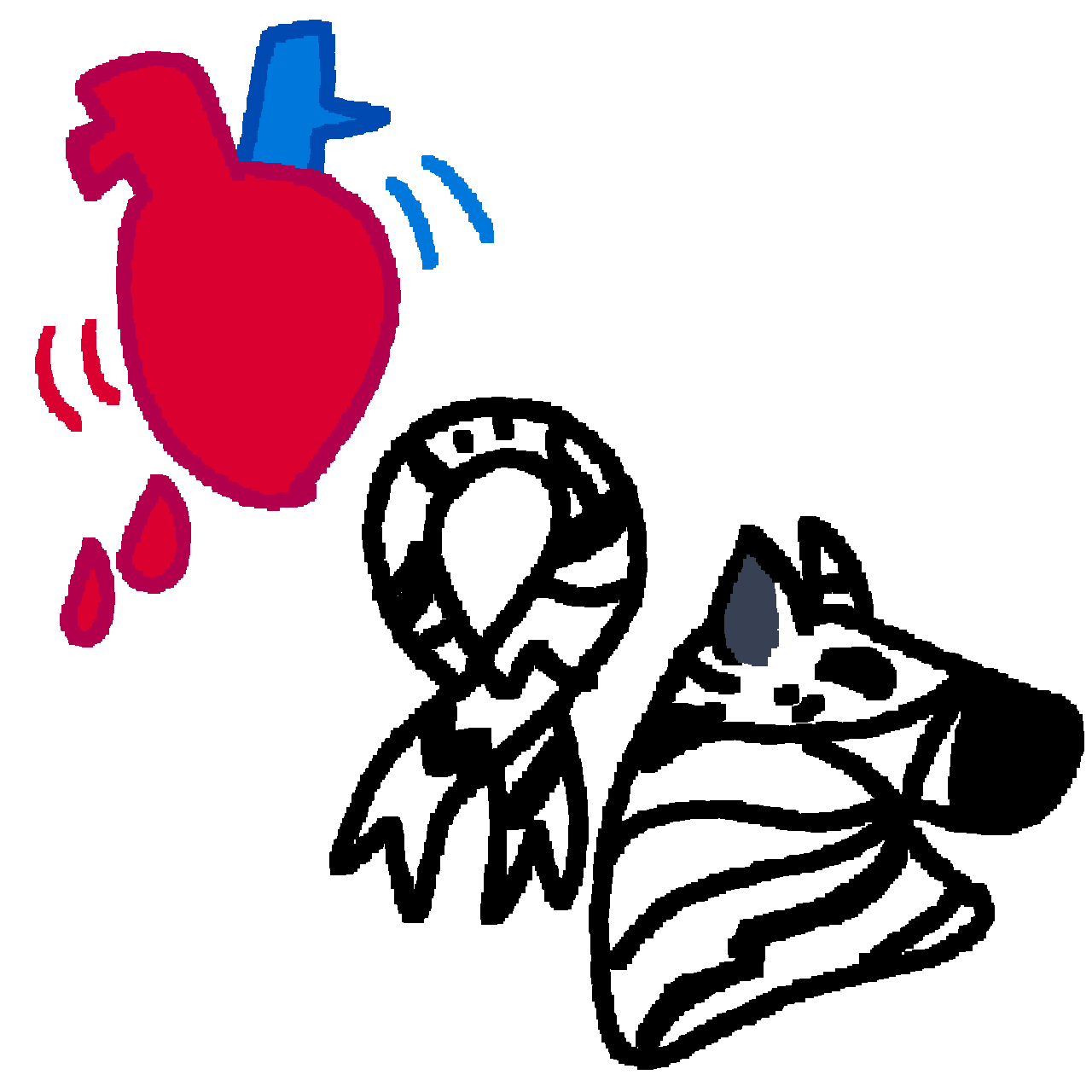 on the top is a semi-realistic beating heart with some drops of blood nearby. on the bottom right corner is a white ribbon with black stripes next to the bust of a zebra, who has a white body with black stripes